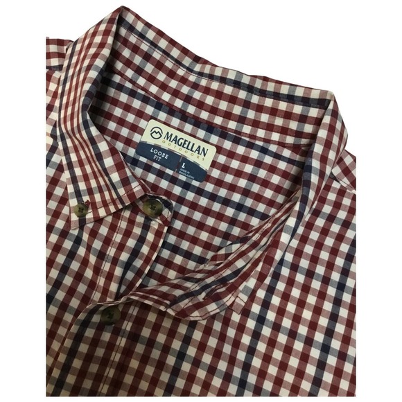 Magellan Outdoors Men's Loose Fit Long Sleeve Navy Burgundy Check Plaid Large - Picture 6 of 13